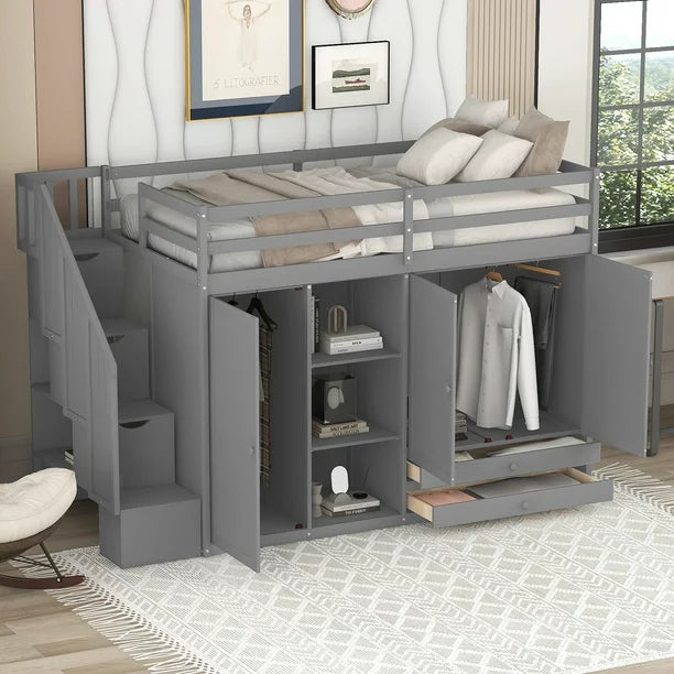 Wood Twin Loft Bed with Wardrobe, Shelf and Drawers for Bedroom, Gray