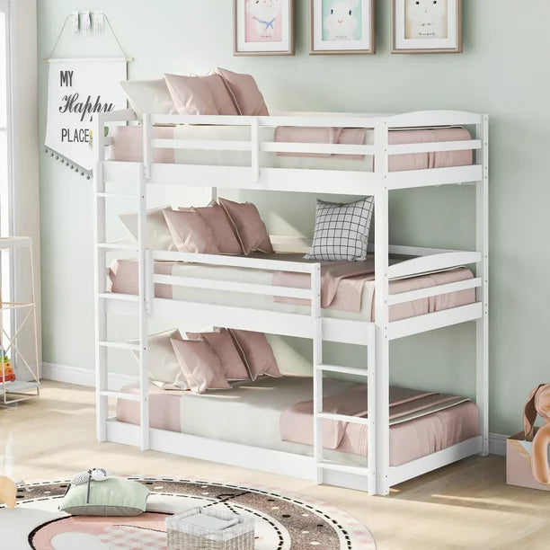 Merax Wood Twin Over Twin Over Twin Triple Bunk Bed with Ladder and White