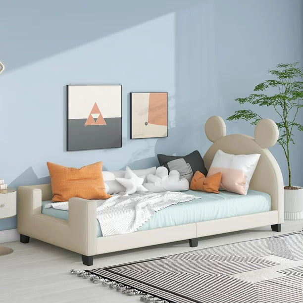 Mickey Mouse Shaped Twin Size Upholstery Daybed with Headboard for Kids, Gray