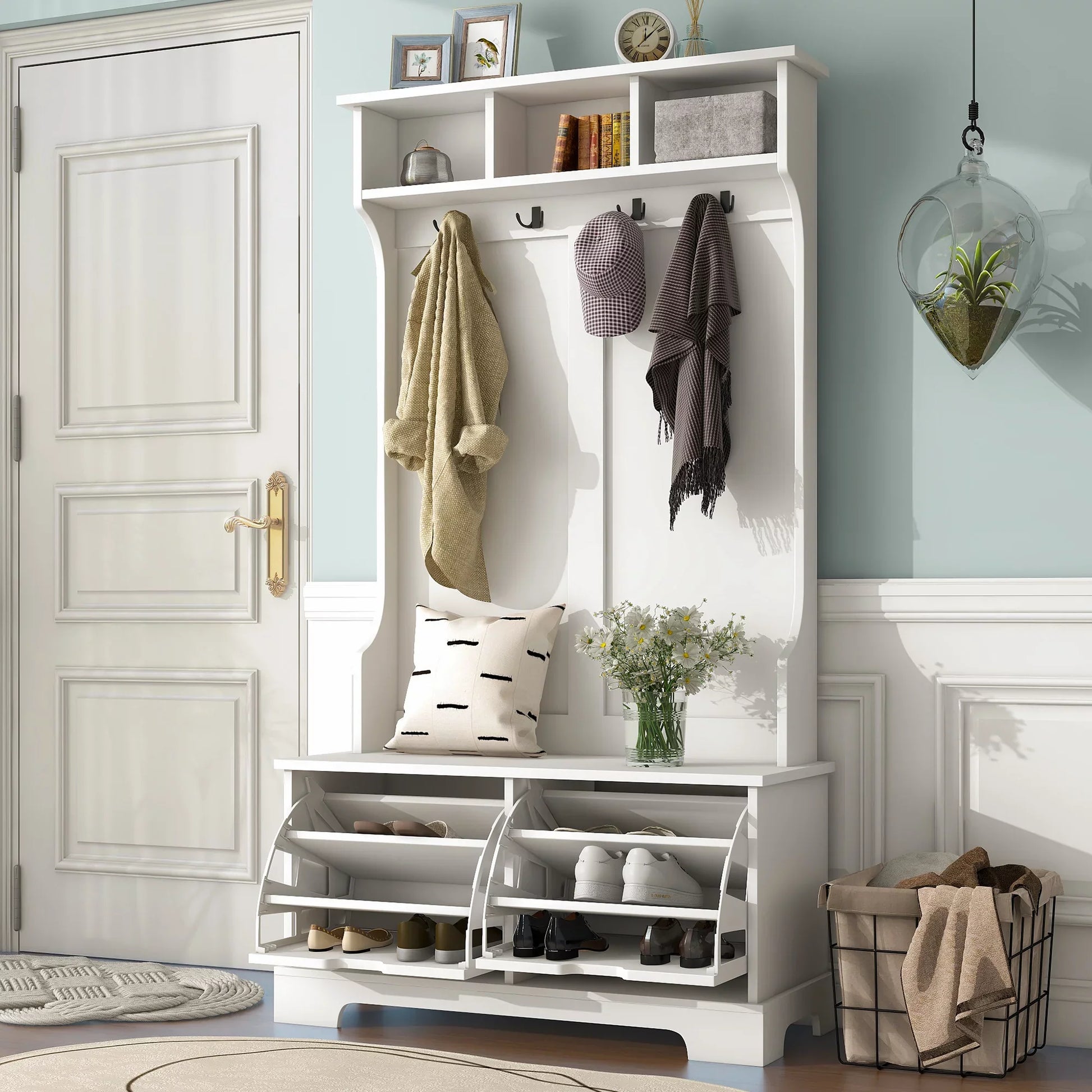 EUROCO 70.8” Large Entryway Hall Tree with Storage Bench and Coat Rack, 2 Flip Shoe Storage Drawers, 4 Hooks,3 Shelves,White