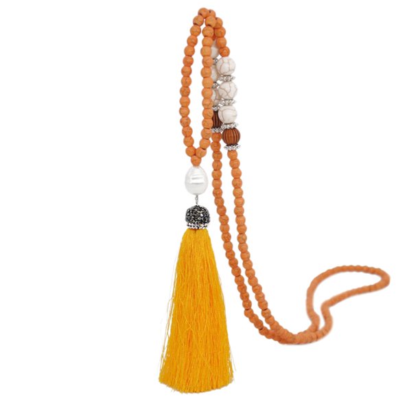 Clearance! Clothing Accessories MIARHB Women'S Bohemian Pendant Tassel Sweater Chain Hand-Made Wooden Bead Necklace, Orange, One Size