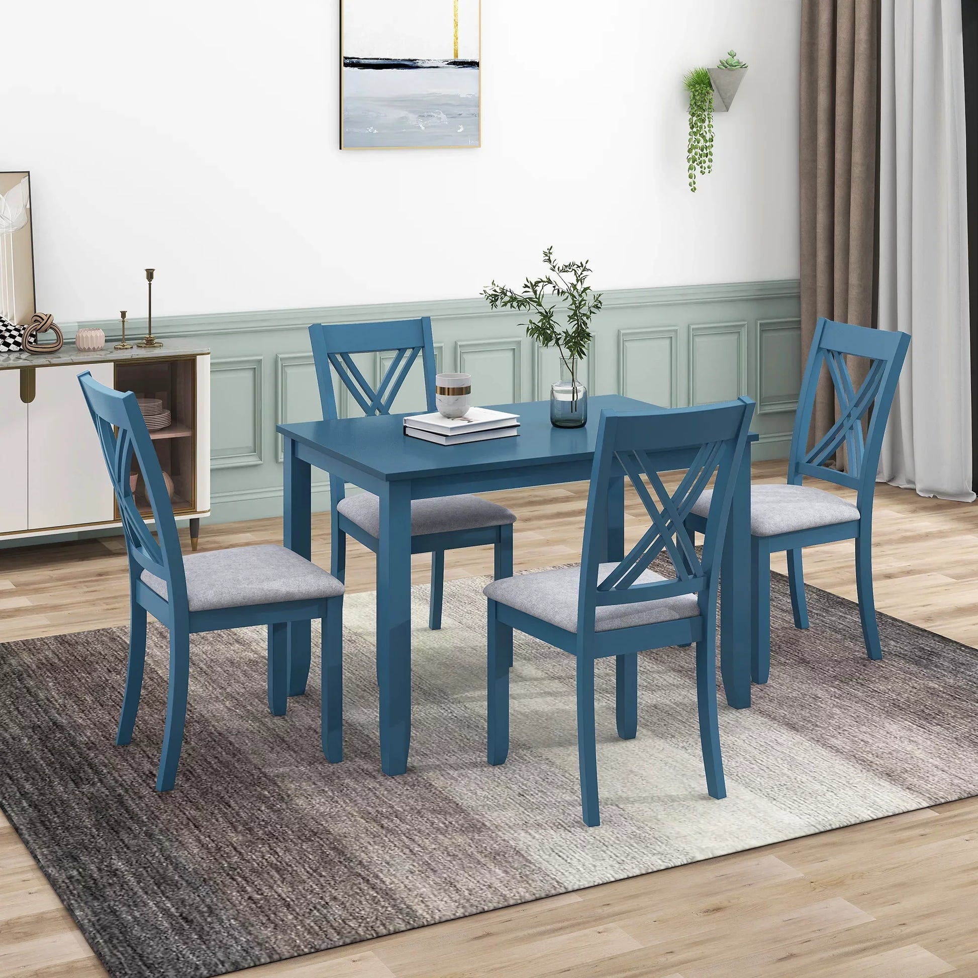 Wood 5-Piece 44.5" Dining Table Set with 4 X-Back Chairs for Small Places, Blue
