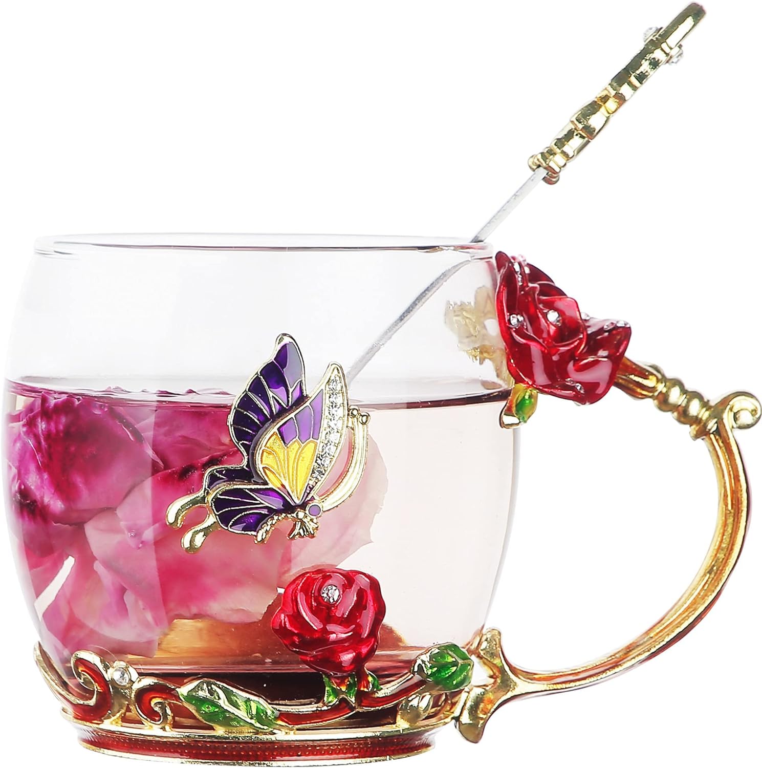 Valentine's Day Gifts for Her Mom Women Mother's Day Glass Coffee Enamel Mug, Best Birthday Gifts from Daughter Son, Lead-Free Butterfly Red Rose Tea Cup with Spoon Set