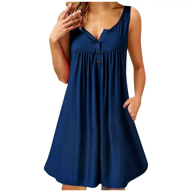 MIARHB Women's Dress Fashion Casual Dress V-Neck Sleeveless Solid Button Vest Beach Skirt, Navy, S