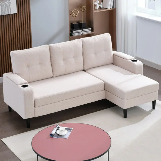 Puremind Sectional Sleeper Sofa with Pull Out Bed, Modern Sectional Sofa with Storage Chaise and Cup Holders, Pull Out Sofa Bed for Living Room, Beige Fabric