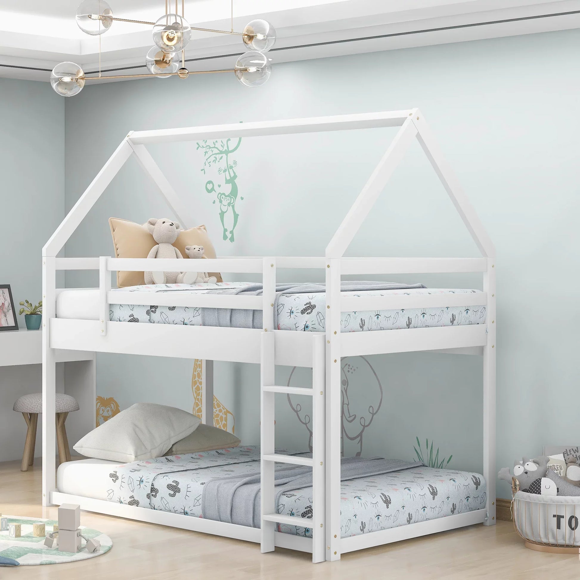 Pine Wood Bedroom Bunk Bed, Twin-over-Twin, White