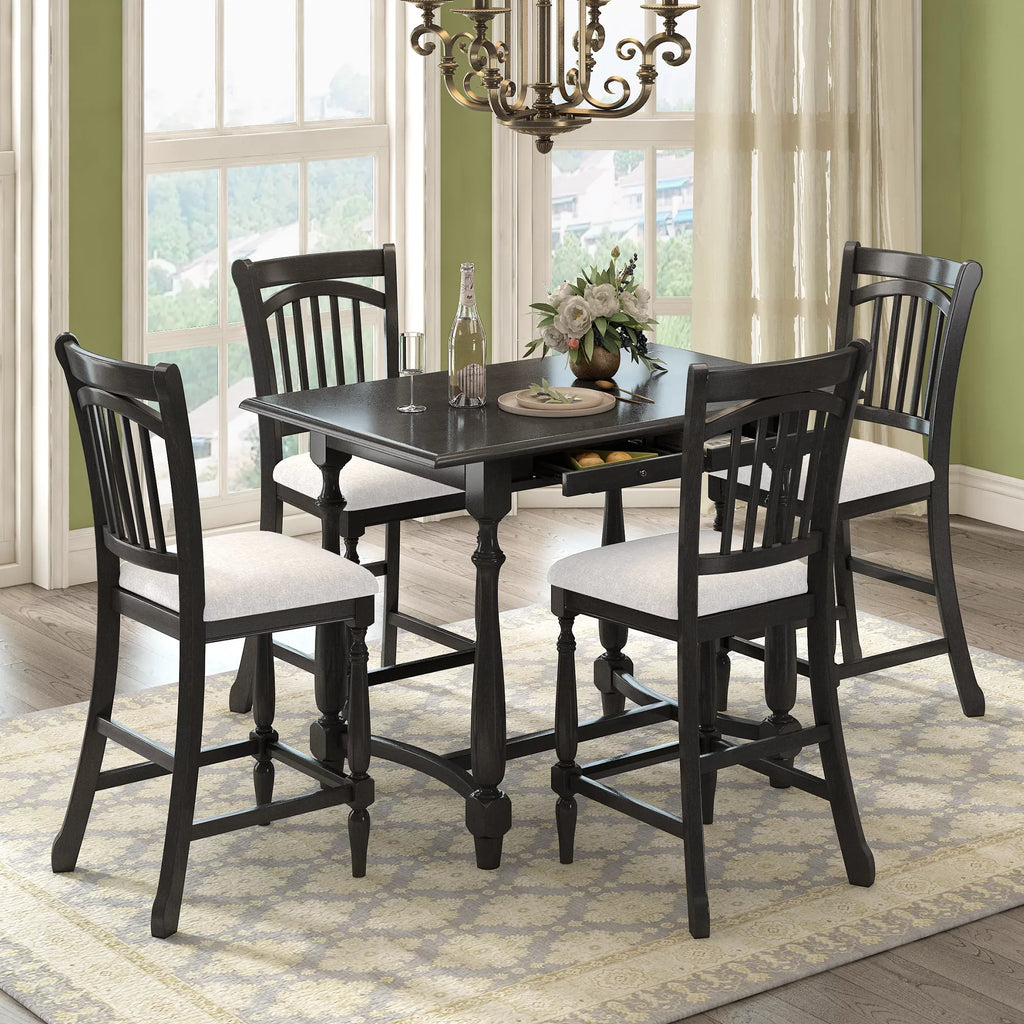 EUROCO 5-Piece 36.4"H Mid-Century Farmhouse Wood Dining Table Set ,Kitchen Dining Table with 2 Drawers and 4 Upholstered Chairs, Espresso