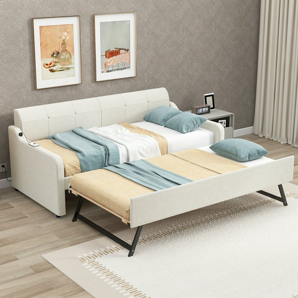 EUROCO Twin Size Upholstery DayBed with Convertible Trundle and USB Charging Station, Beige