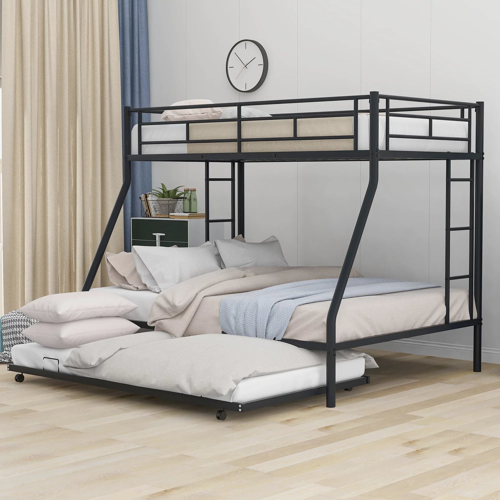 Euroco Steel Twin over Full Bunk Bed with Trundle & Ladders, Black