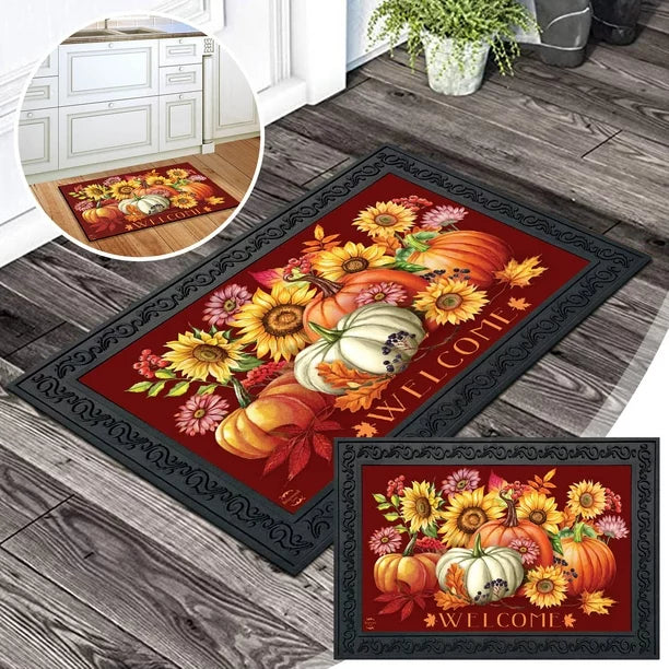 JUNBYONE Autumn Beauty Flower Doormat Pumpkin Indoor/outdoor Welcome Mat Front Door Entrance Anti-skid Rubber Doormat