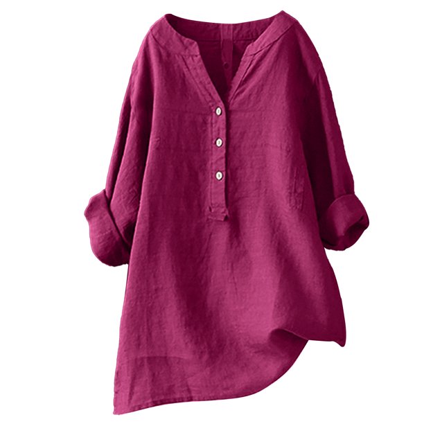 MIARHB Women Solid Stand Collar Long Sleeve Shirt Casual Loose Blouse Button Down Tops, Wine, S