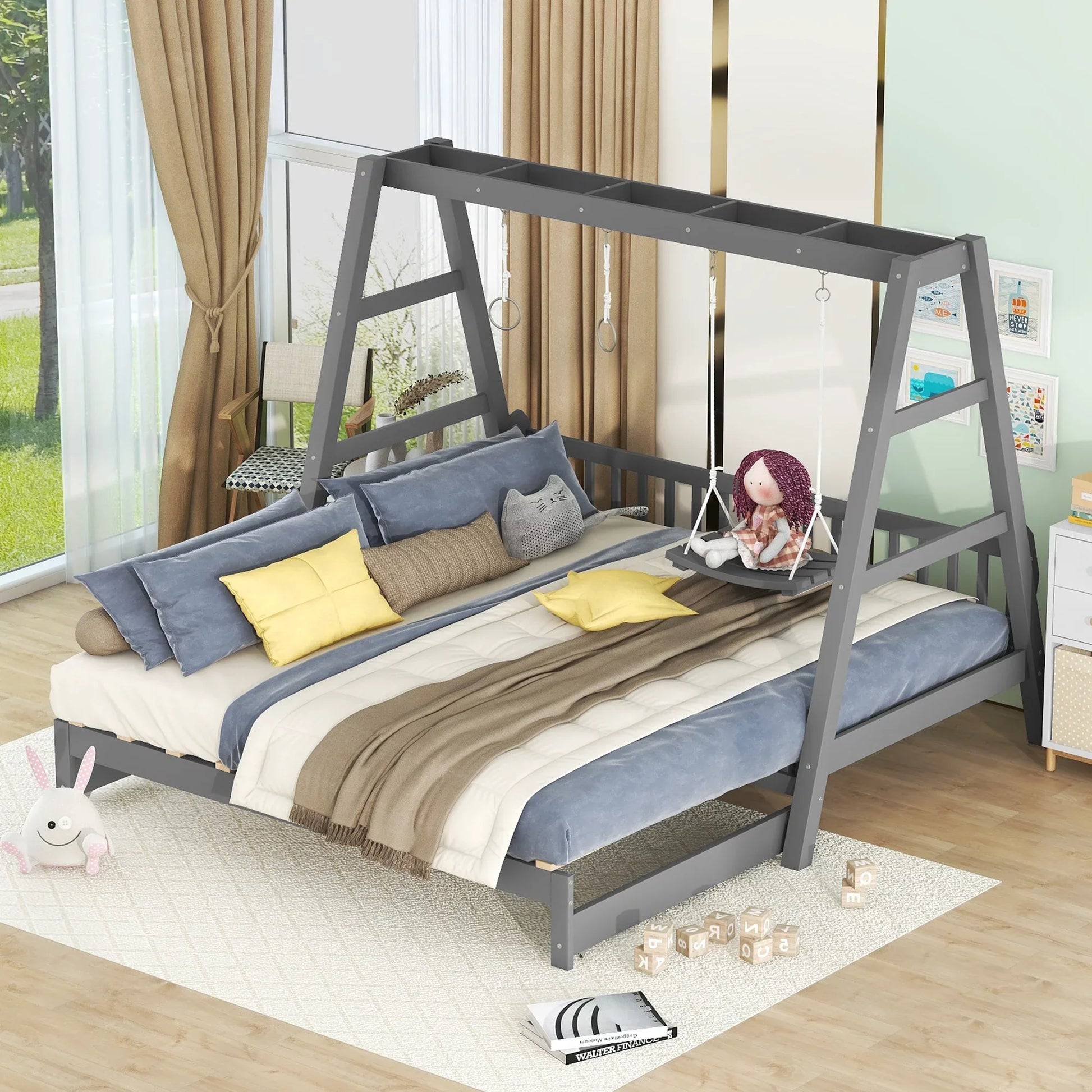 Euroco Twin Size Convertible Daybed with Swing and Ring Handles for Kids, Gray