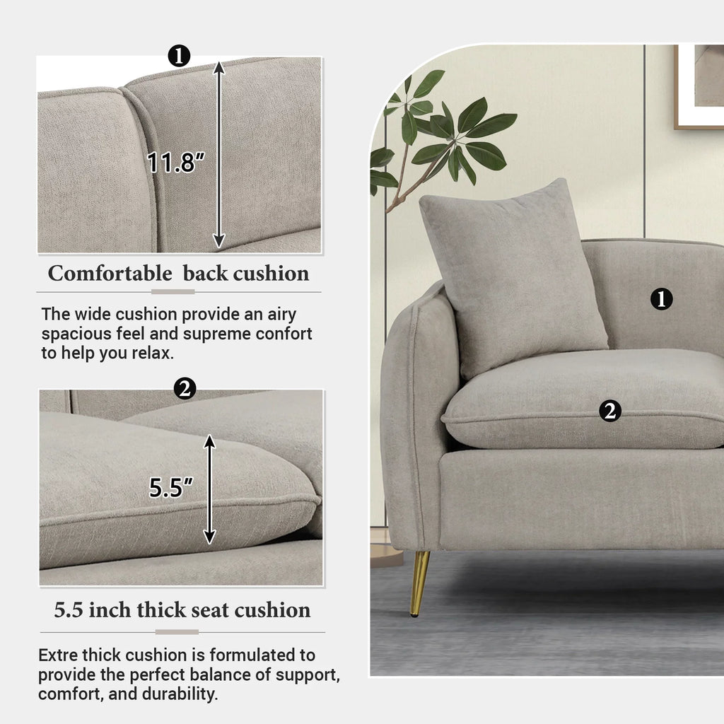 Euroco Velvet Loveseat Sofa, Upholstered Loveseat Couch with 2 Pillows Modern Sofa with Golden Metal Legs for Living Room, Apartment, Gray, 57.8"