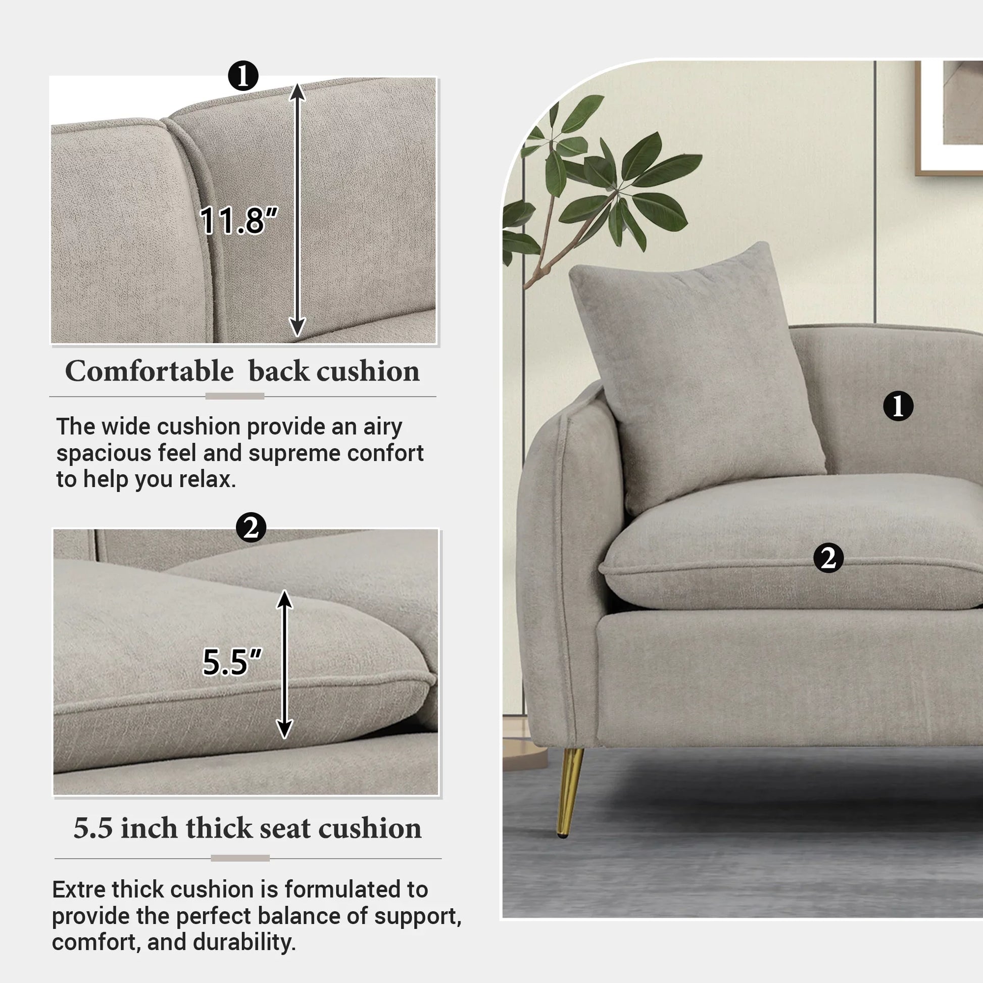 Euroco Velvet Loveseat Sofa, Upholstered Loveseat Couch with 2 Pillows Modern Sofa with Golden Metal Legs for Living Room, Apartment, Gray, 57.8"