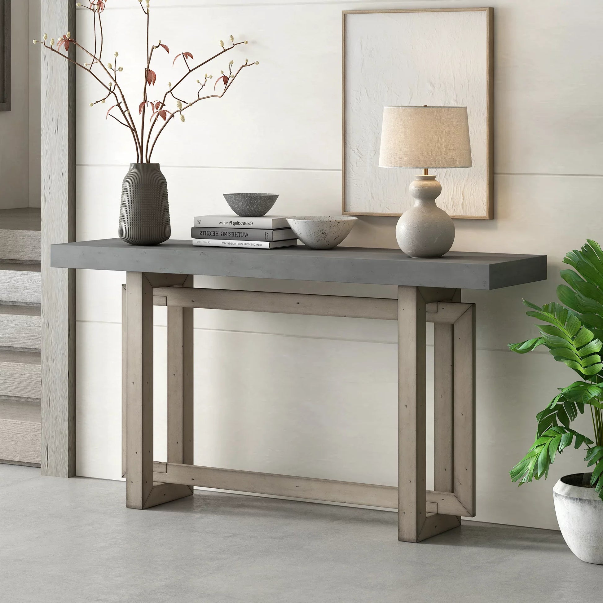EUROCO 59.1" Long Console Table Sofa Table for Entryway with Industrial-inspired Concrete Wood Top for Living Room Hallway Foyer Office