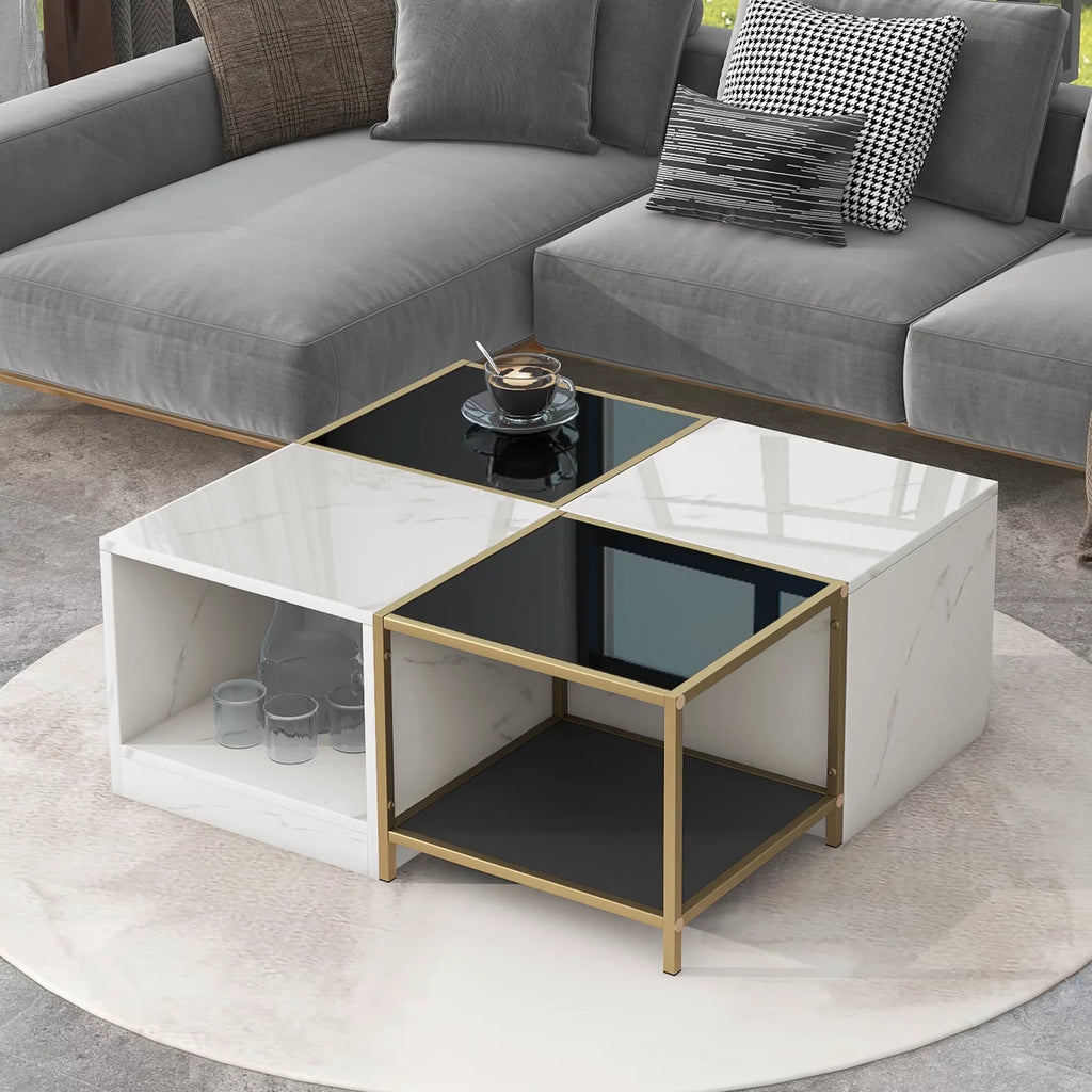 EUROCO 2-layer Modern Coffee Table with Metal Frame, Cocktail Table with High Gloss White Marble Finish, Simply Assemble Square Corner Tables for Living Room, 31.5”x 31.5”