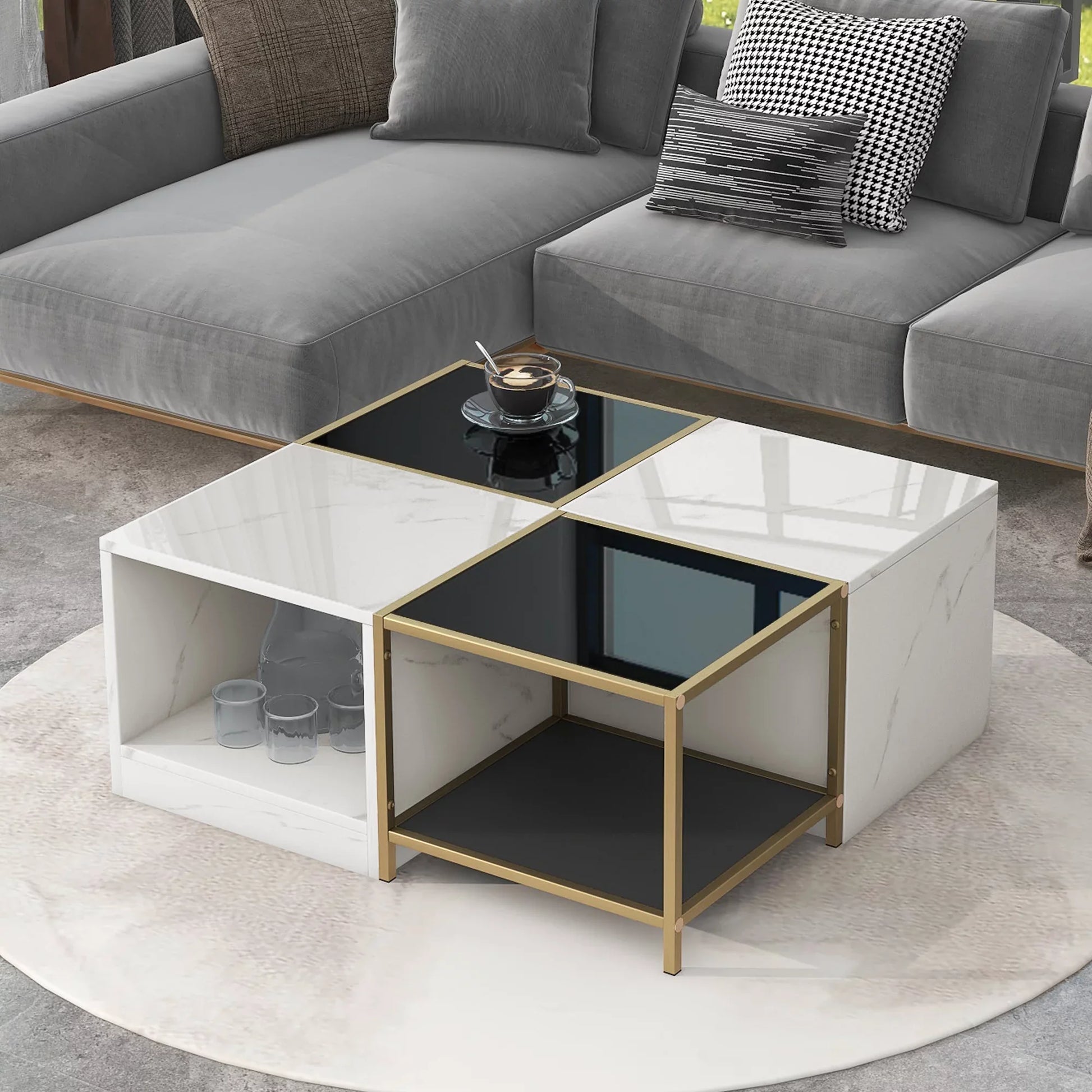 EUROCO 2-layer Modern Coffee Table with Metal Frame, Cocktail Table with High Gloss White Marble Finish, Simply Assemble Square Corner Tables for Living Room, 31.5”x 31.5”