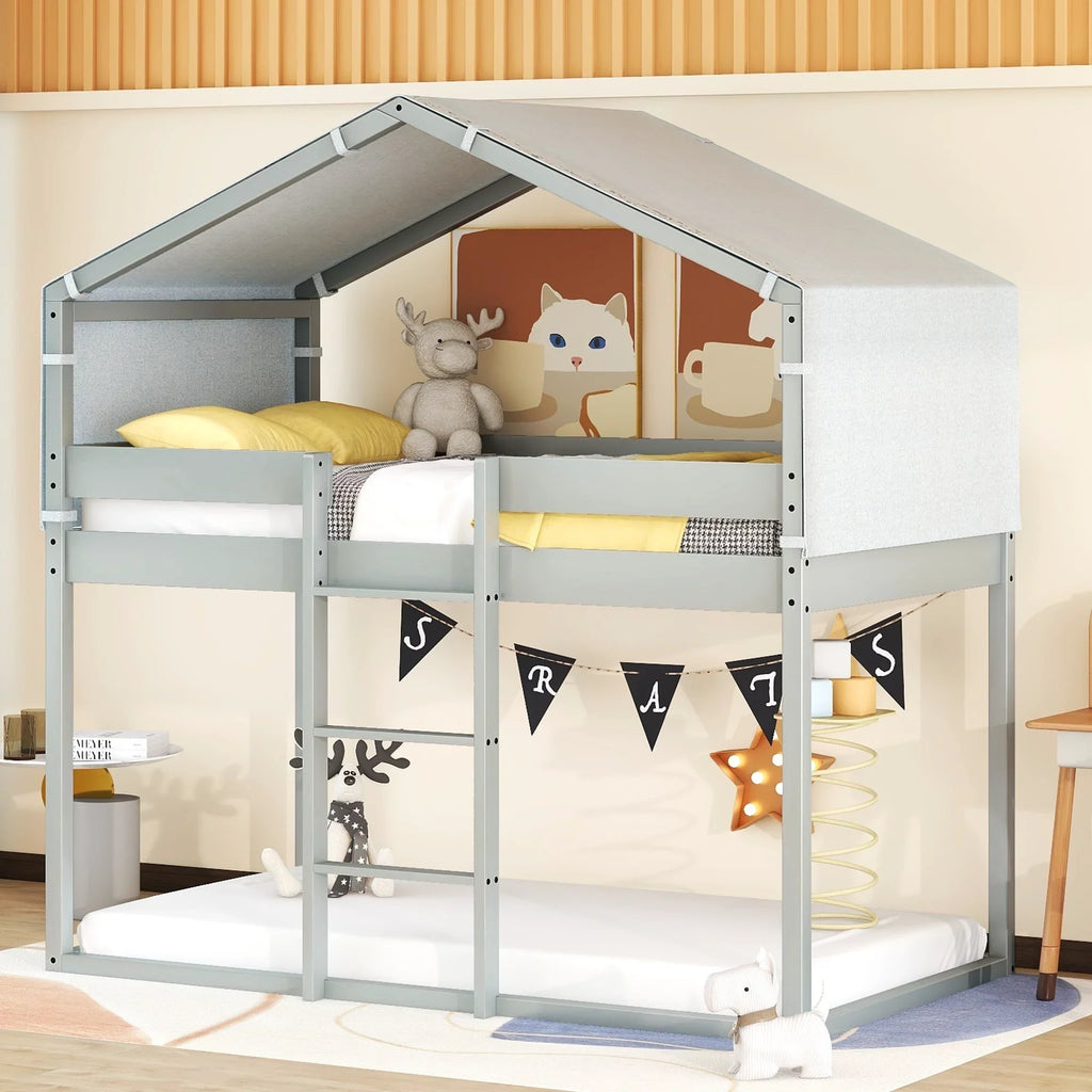 Twin over Twin Tent House Bunk Bed with Tent for Kids Bedroom, Gray