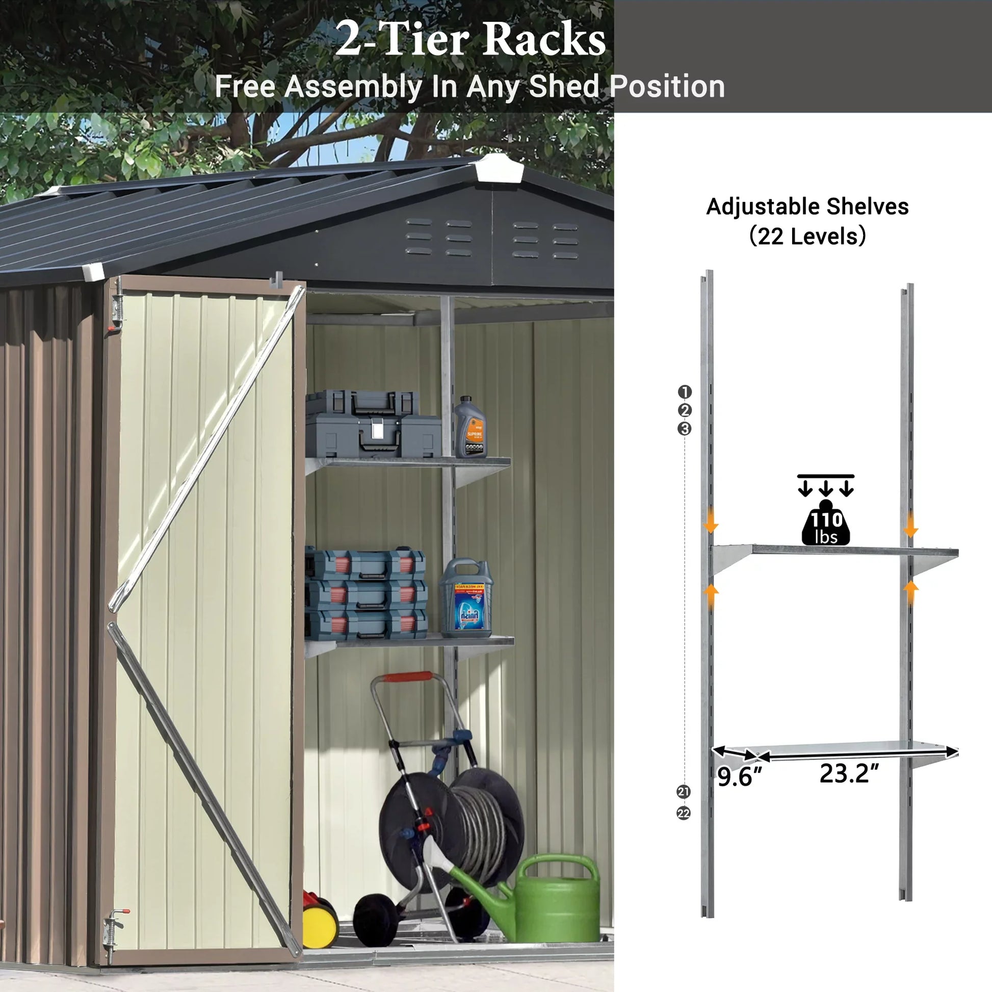 Euroco 8' x 6' Outdoor Metal Storage Shed, Tools Storage Shed, Galvanized Steel Garden Shed with Adjustable Shelves and Lockable Doors, Brown