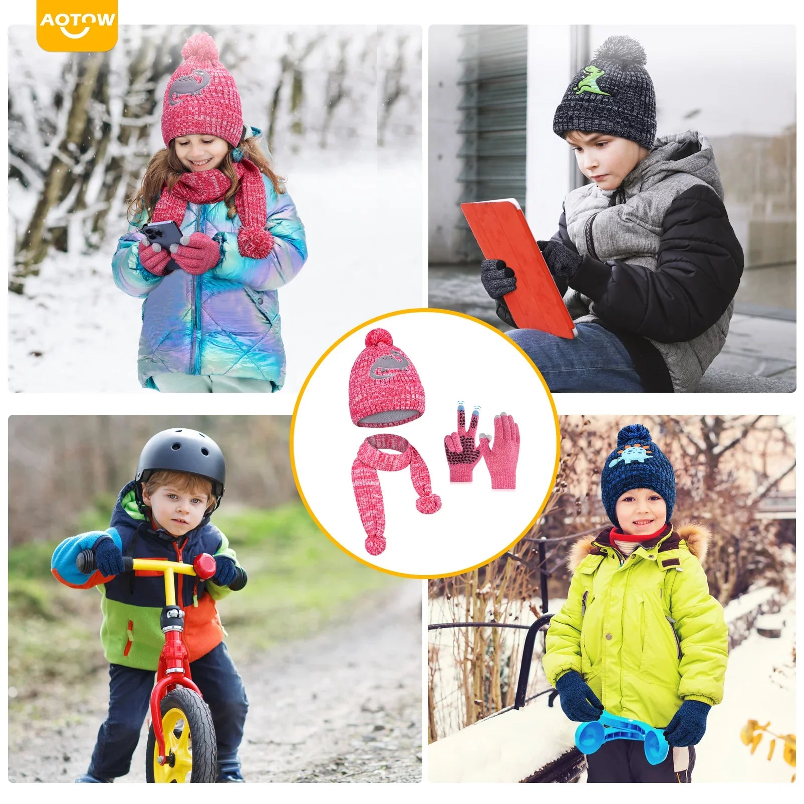 Vbiger Kids Winter Hat Scarf Gloves Set 3pcs Warm Knit Beanie Cap Circle Scarf Mitten with Fleece Lining for Children 5-10 Years Old, Pink