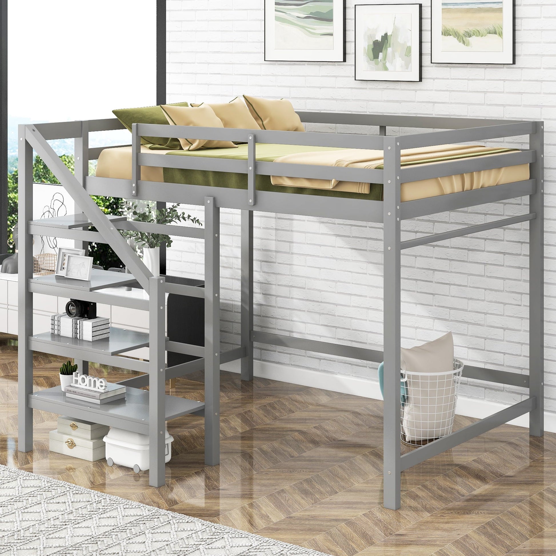 Euroco Twin Loft Bed with Shelf and Hanger for Kids Bedroom, Gray