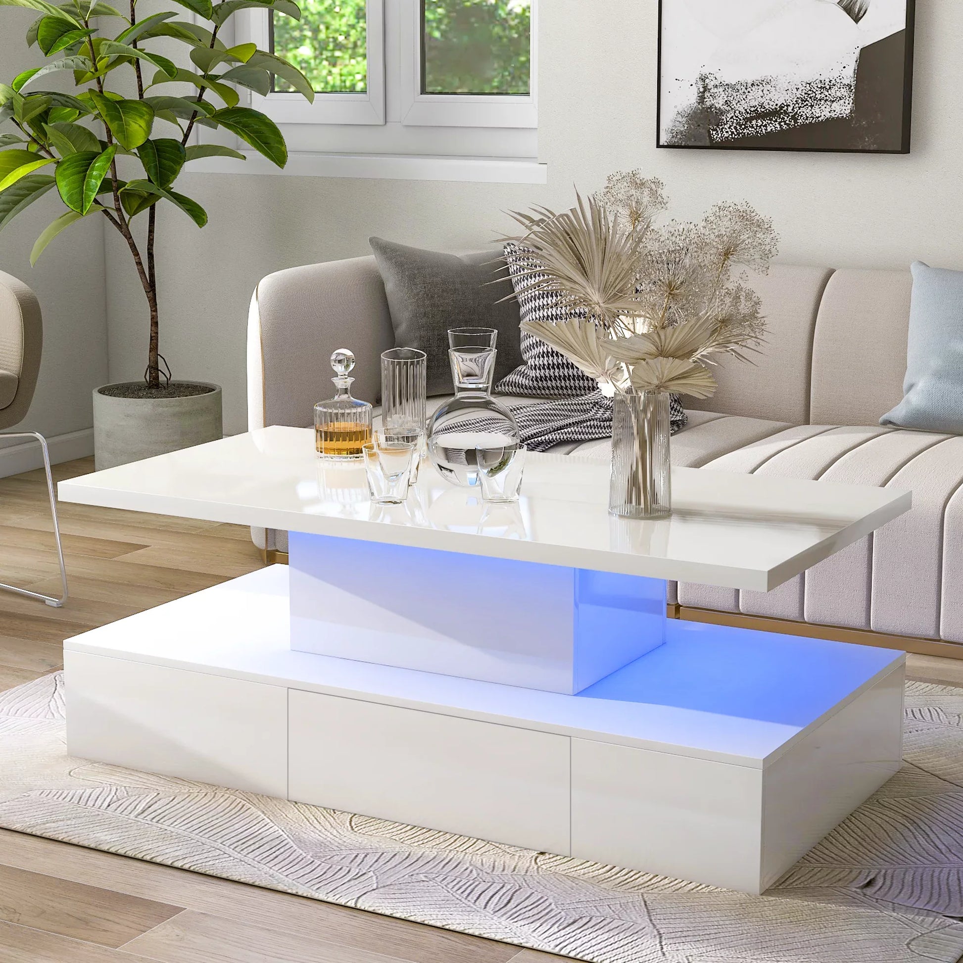 EUROCO 39.3" Coffee Table with Drawer,2-Tier Rectangle LED Center Table White High Gloss Finish