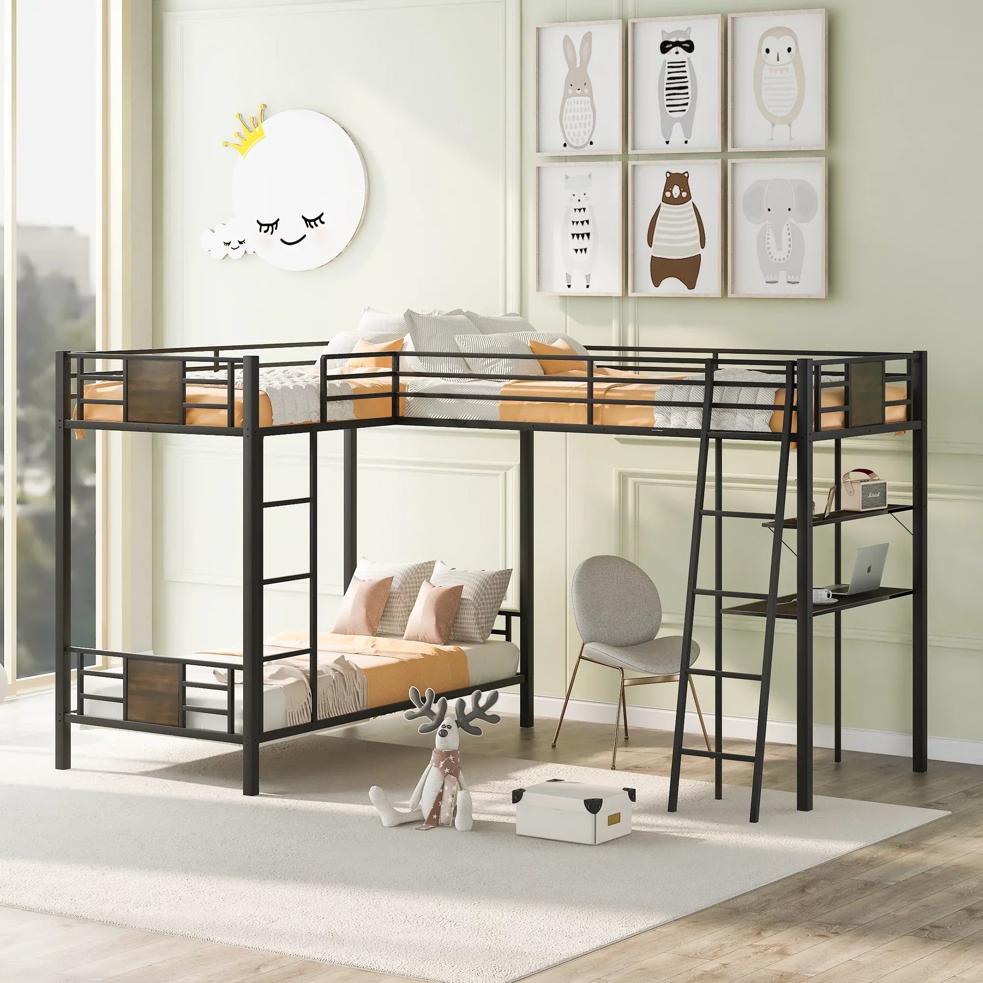 Euroco L-Shaped Twin over Twin Bunk Bed with Desk and Shelf for Kids Bedroom, Brown