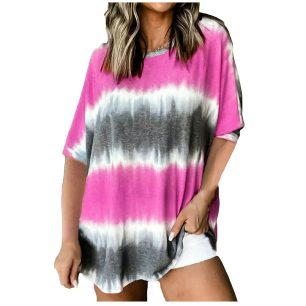 MIARHB Womens Summer Fasion Short Sleeve Round Neck Tie-Dye Print Casual T Shirt Tops, Pink, XXL, Polyester