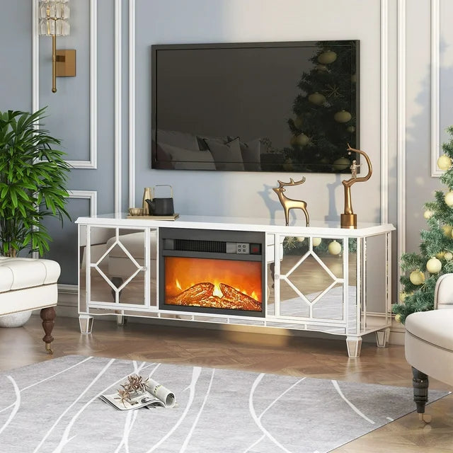Puremind Mirrored TV Stand for 65+Inch TV, Mirrored Electric Fireplace TV Stand, Mantel Freestanding Heater/7 Colors 3D Realistic Flame Effect, Entertainment Center Furniture for Living Room, Silver