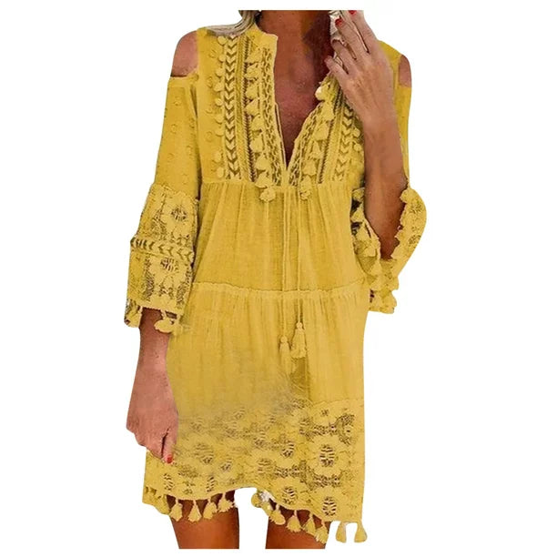 MIARHB Women Dress Fashion Three-Quarter Sleeve Boho Dress Lace Tassel V-Neck Mini Dress, Yellow, M
