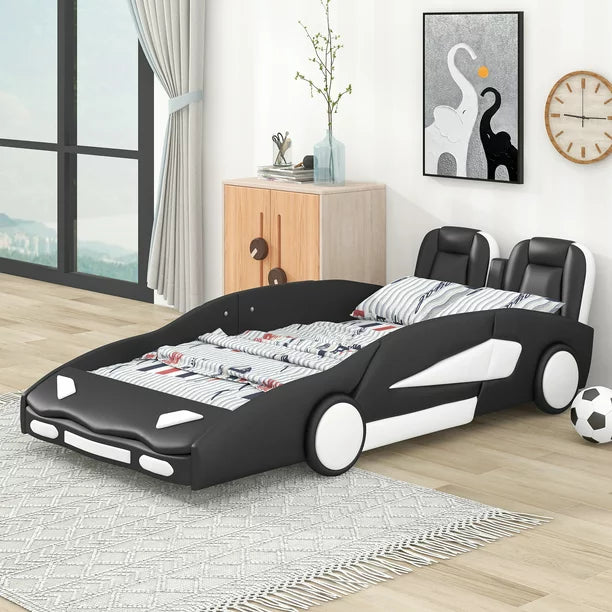 Modern Wood Race Car-Shaped Twin Platform Bed for Kids’ Bedroom, Black