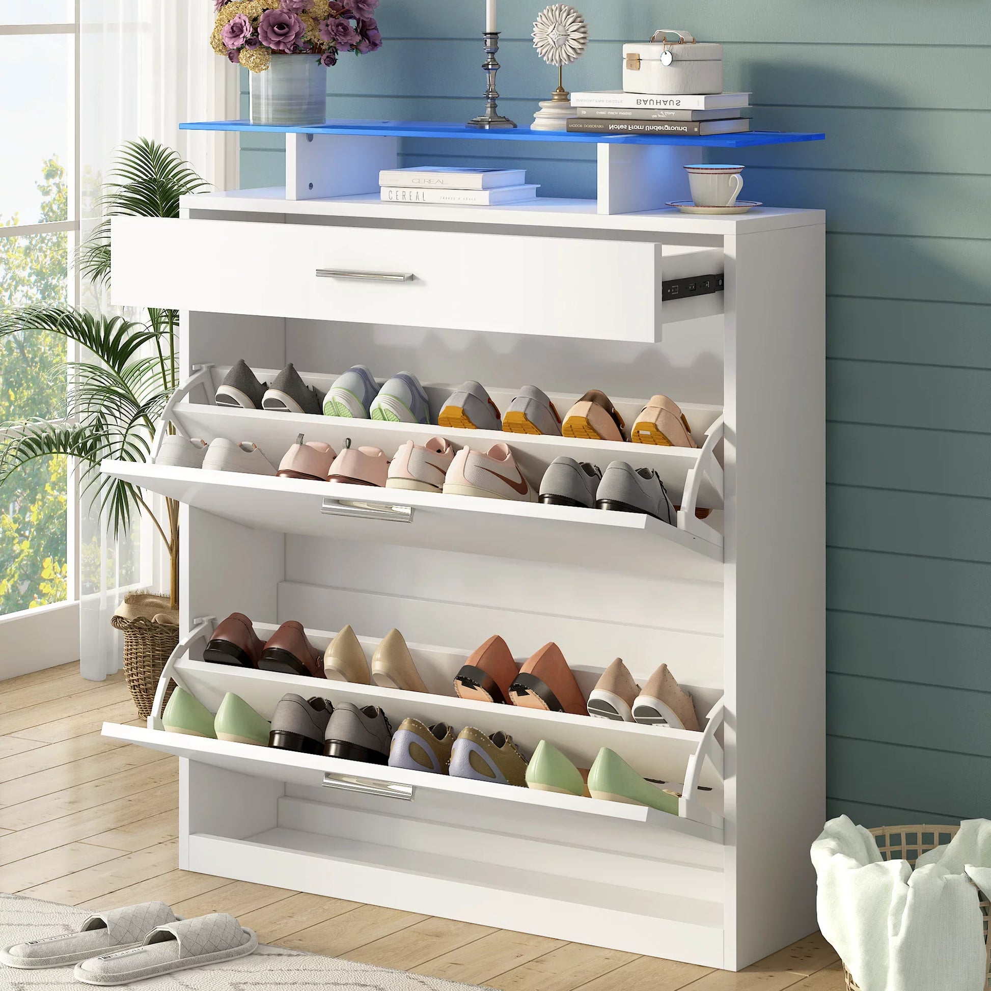 EUROCO Shoe Rack Slim Entryway Organizer with 2 Flip Drawers,Shoe Storage Cabinet with Drawer and Tempered Glass Top,Free Standing Shoe Rack with LED Light for Hallway, White