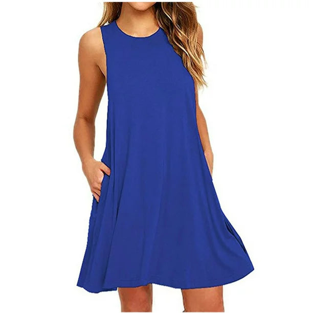 MIARHB Fashion Women Casual Solid Pockets Sleeveless Above Knee Dress, Blue, XL