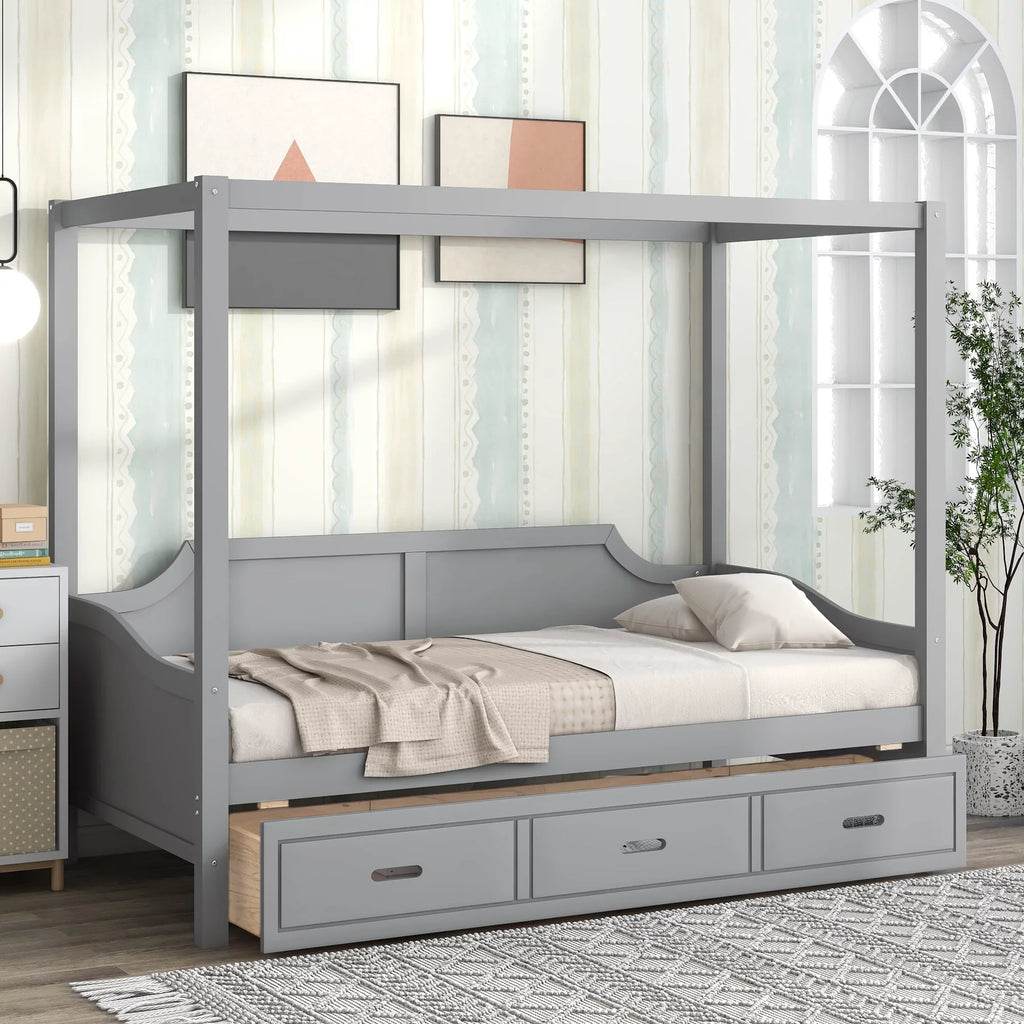 Twin Size Canopy Daybed with 3 in 1 Drawer and Slat Support Leg for Kids Bedroom, Gray