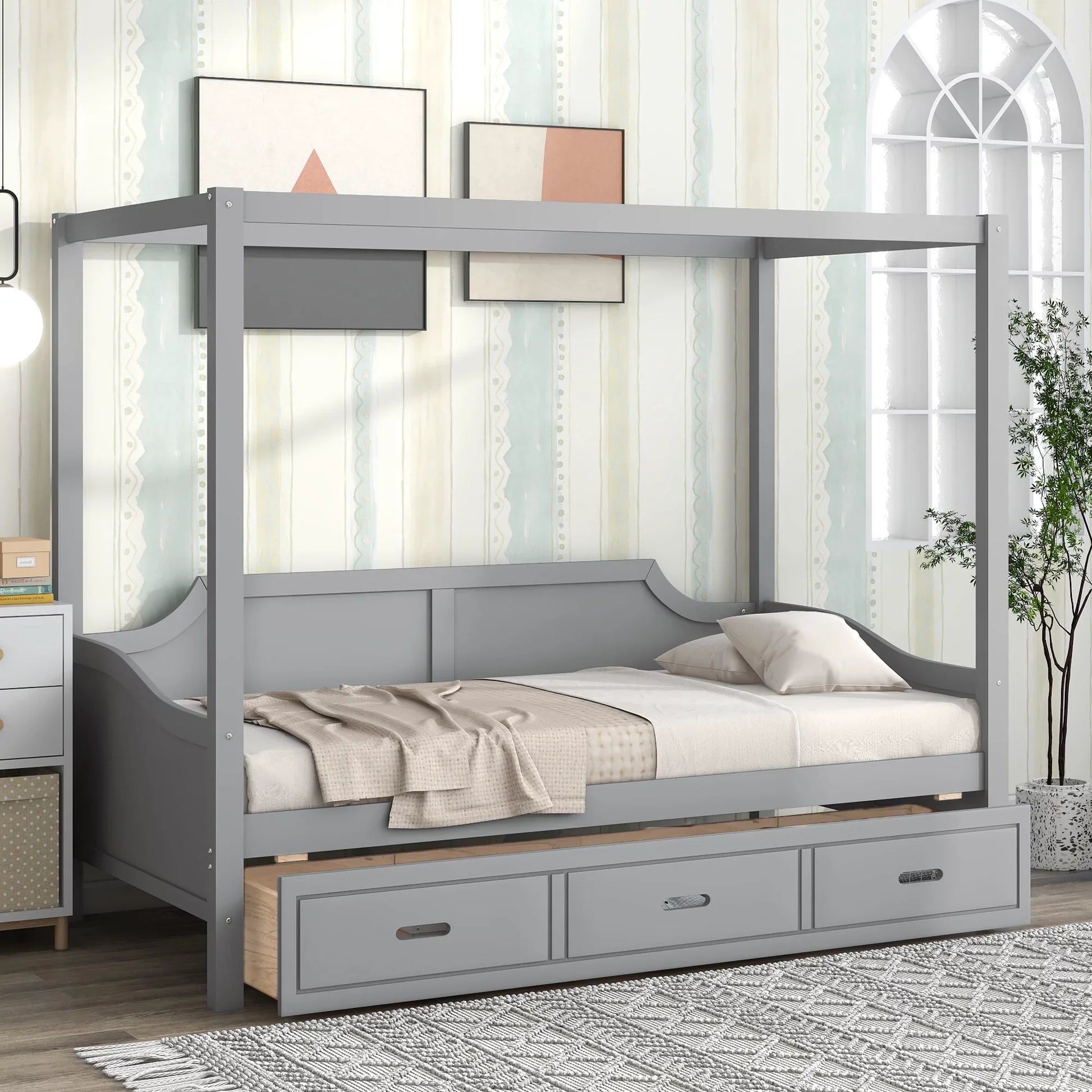 Twin Size Canopy Daybed with 3 in 1 Drawer and Slat Support Leg for Kids Bedroom, Gray