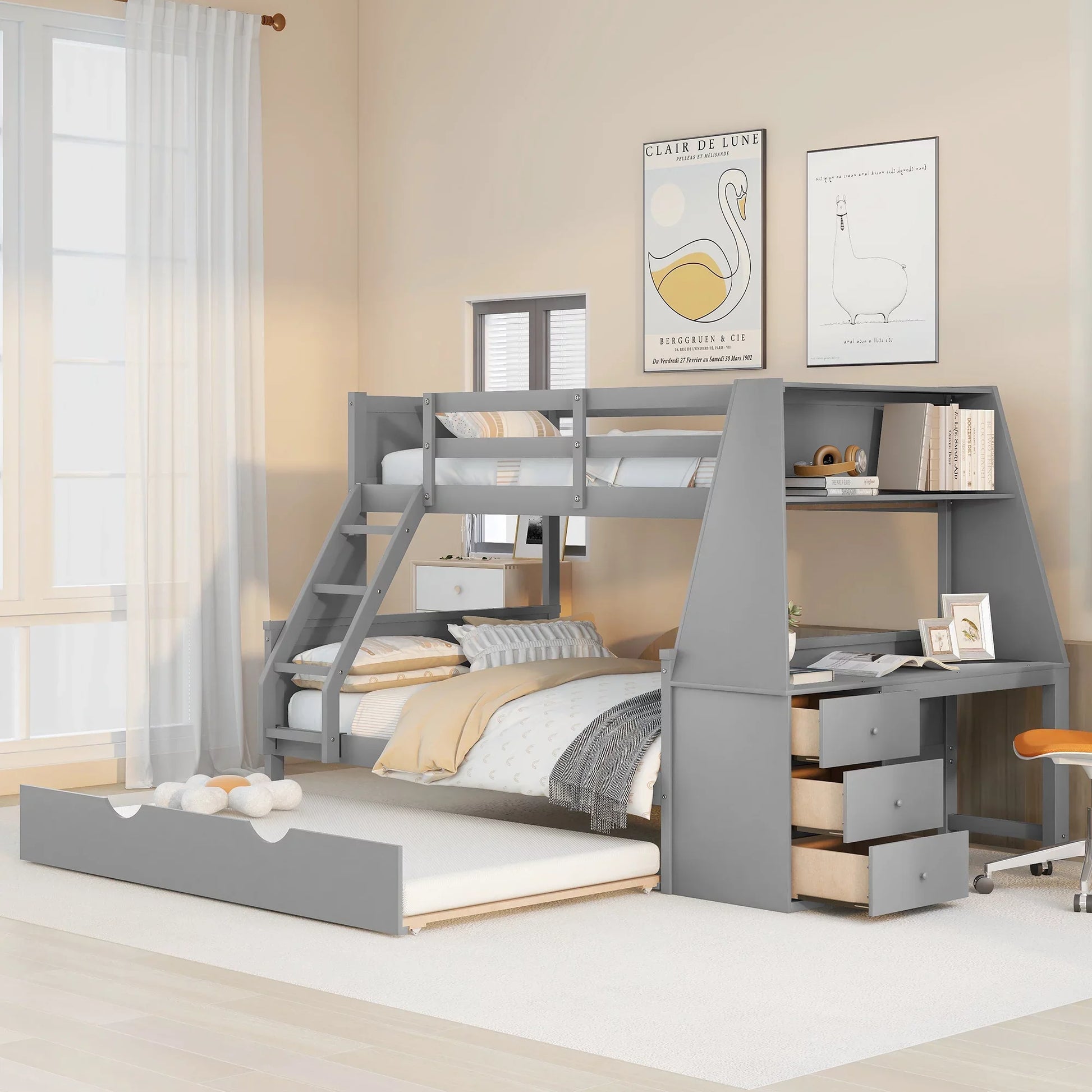 EUROCO Twin over Full Bunk Bed with Trundle and Attached Cabinet, Desk and Drawers, Gray