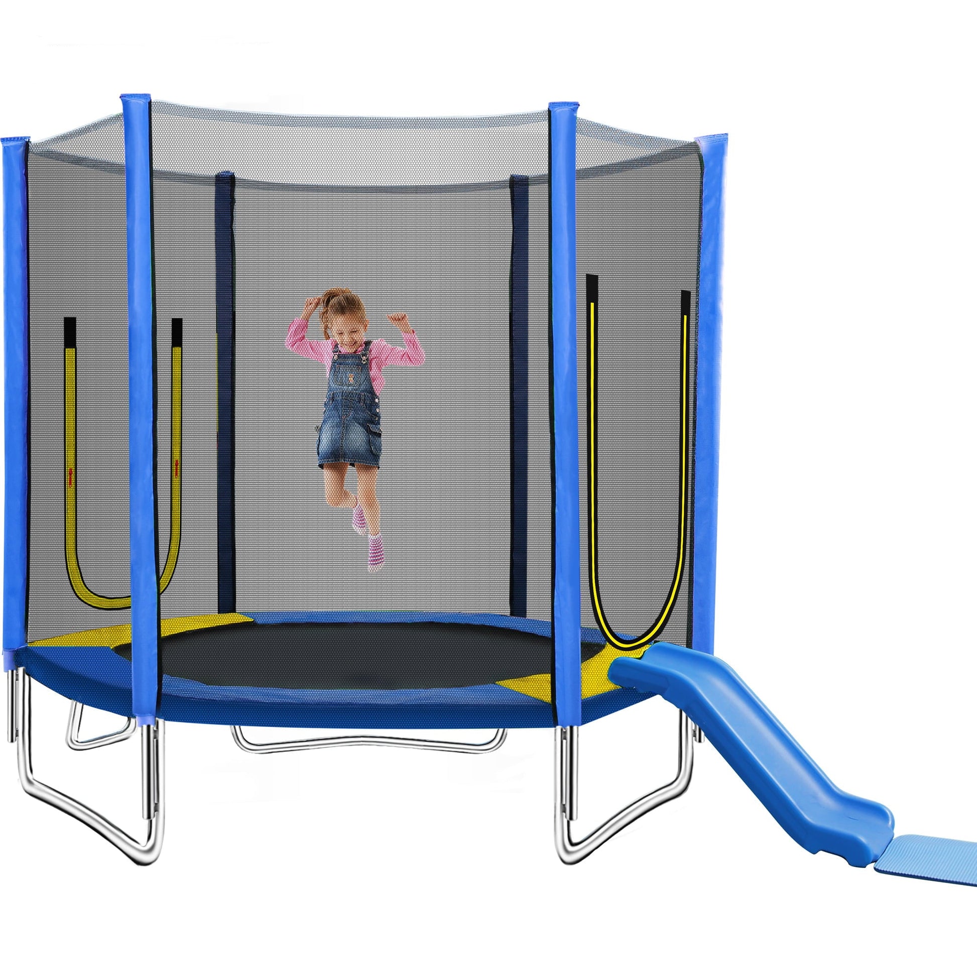 EUROCO 220LBS 7FT Trampoline for Kids with Enclosure Safety Net, Slide and Ladder, Easy Assembly Round Outdoor Recreational Trampoline