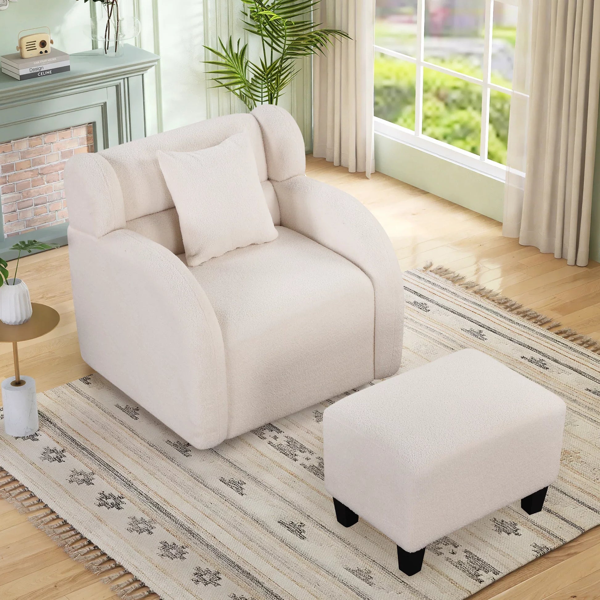 EUROCO Swivel Accent Chair with Ottoman, Teddy Short Plush Particle Velvet Armchair,360 Degree Swivel Barrel Chair with footstool for Living Room, Hotel, Bedroom, Office, Lounge
