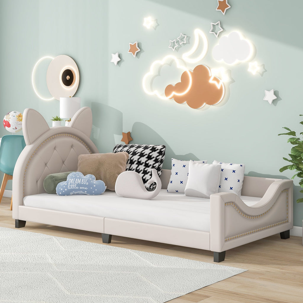 Bunny Shaped Twin Size Upholstery Daybed with Headboard for Kids, White