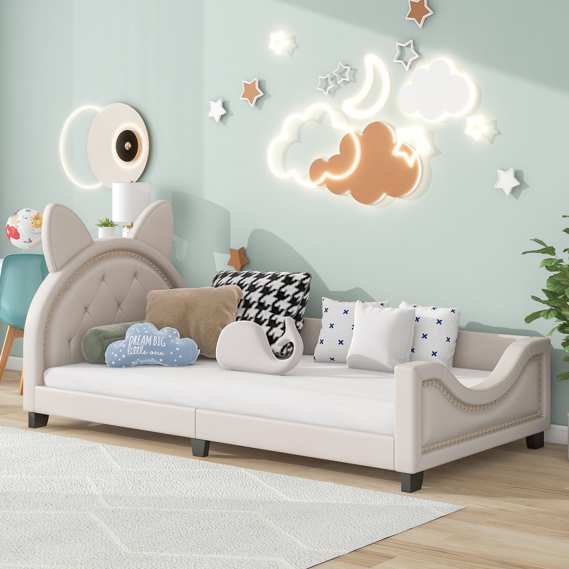 Bunny Shaped Twin Size Upholstery Daybed with Headboard for Kids, White