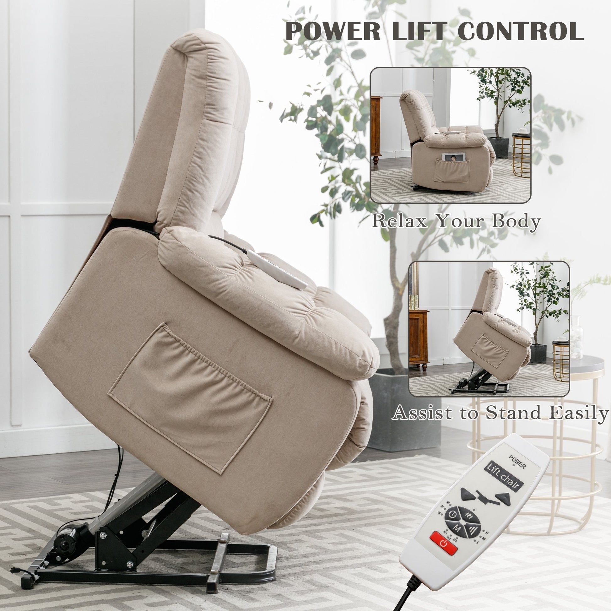 EUROCO 33.5"W Power Lift Recliner Chair Recliners for Elderly with Heat, Vibration and Massage Velvet Recliner Chair for Living room with Side Pocket,Beige