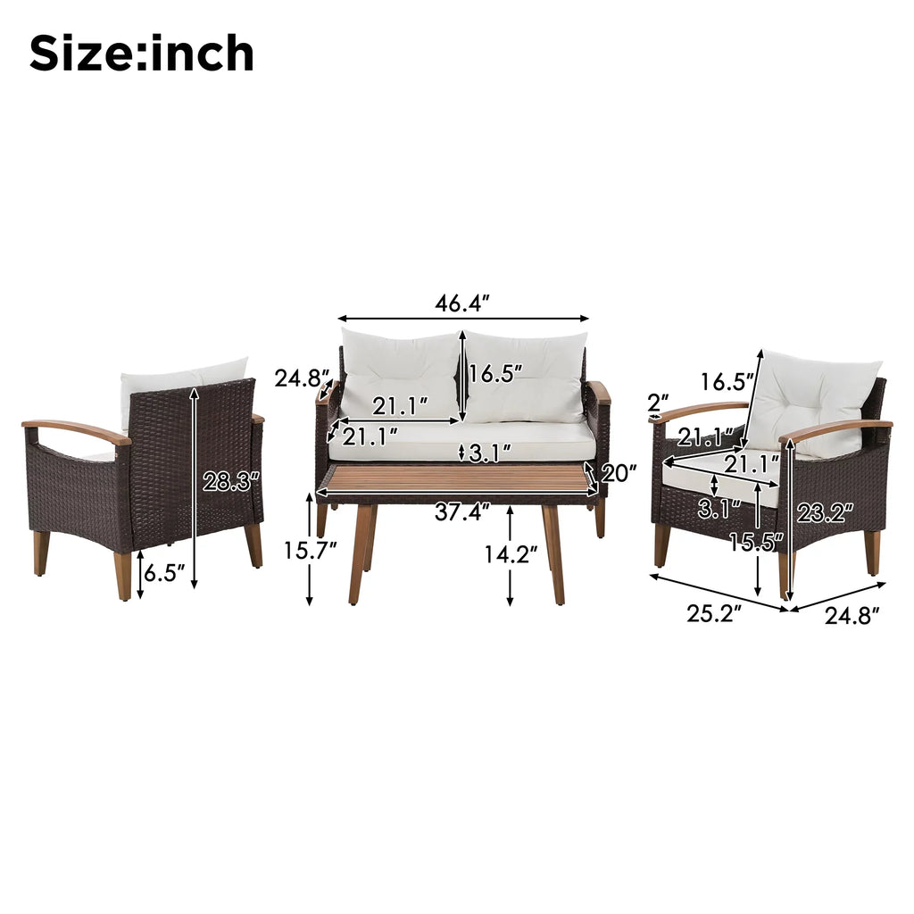 Euroco 4 Piece Conversation Set, Patio Seating Set with Wood End Table, PE Rattan Outdoor Sofa Set, Beige