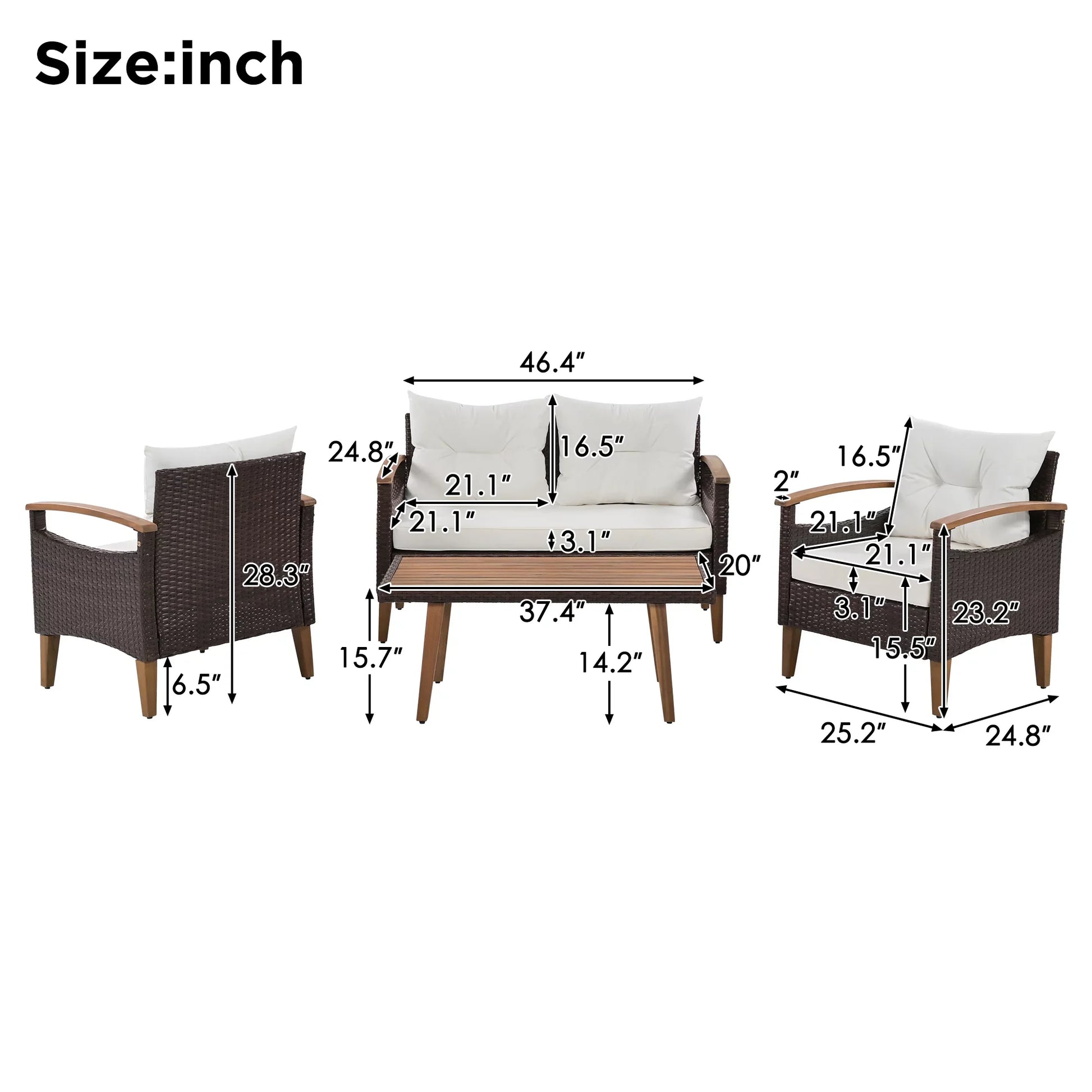 Euroco 4 Piece Conversation Set, Patio Seating Set with Wood End Table, PE Rattan Outdoor Sofa Set, Beige