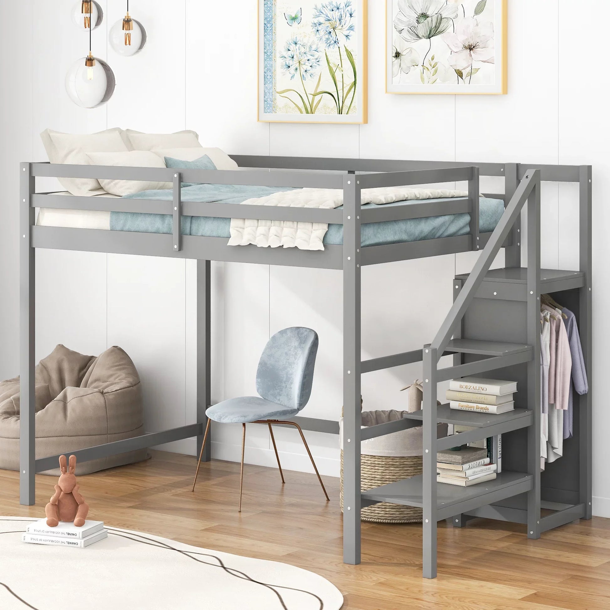 EUROCO Full Size Loft Bed with Storage Wardrobe and Shelf, Gray