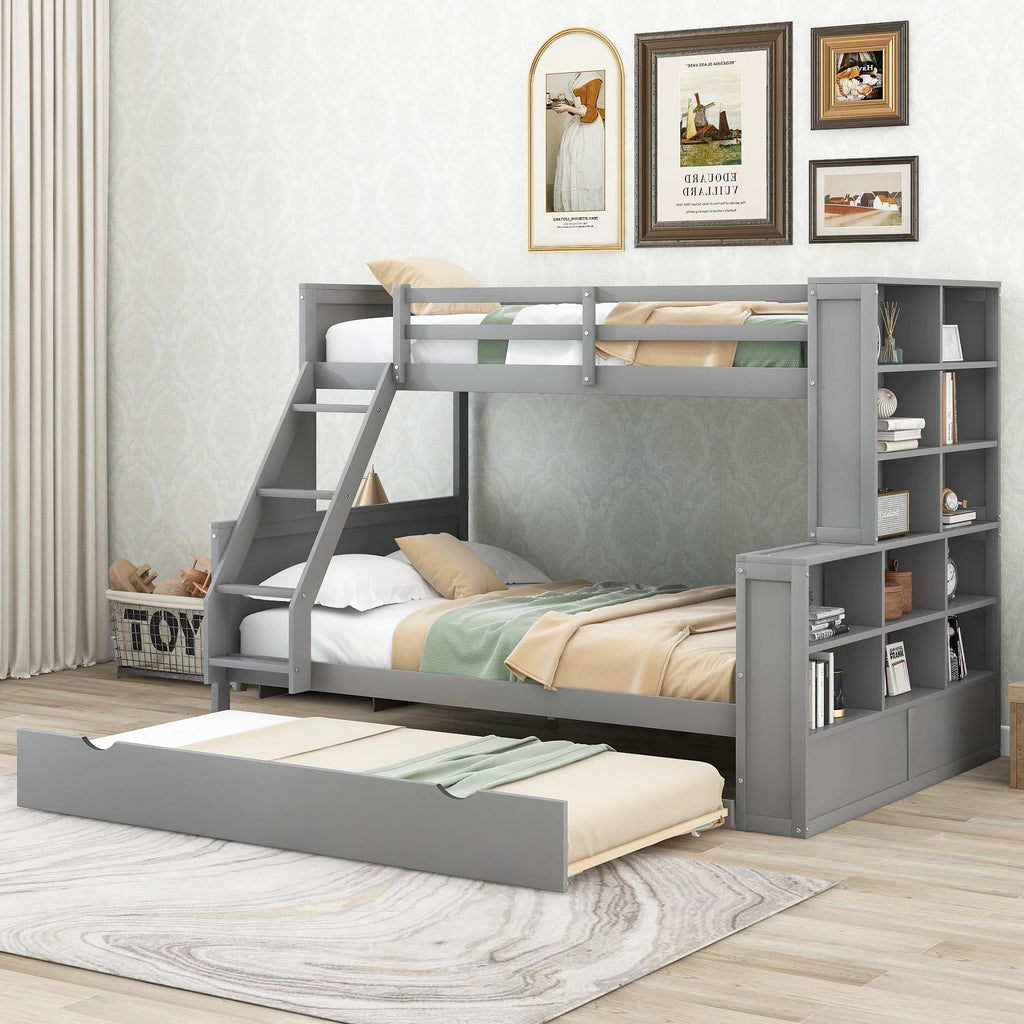 Pine Wood Twin over Full Bunk Bed with Trundle and Display Shelves for Kids Bedroom, Gray