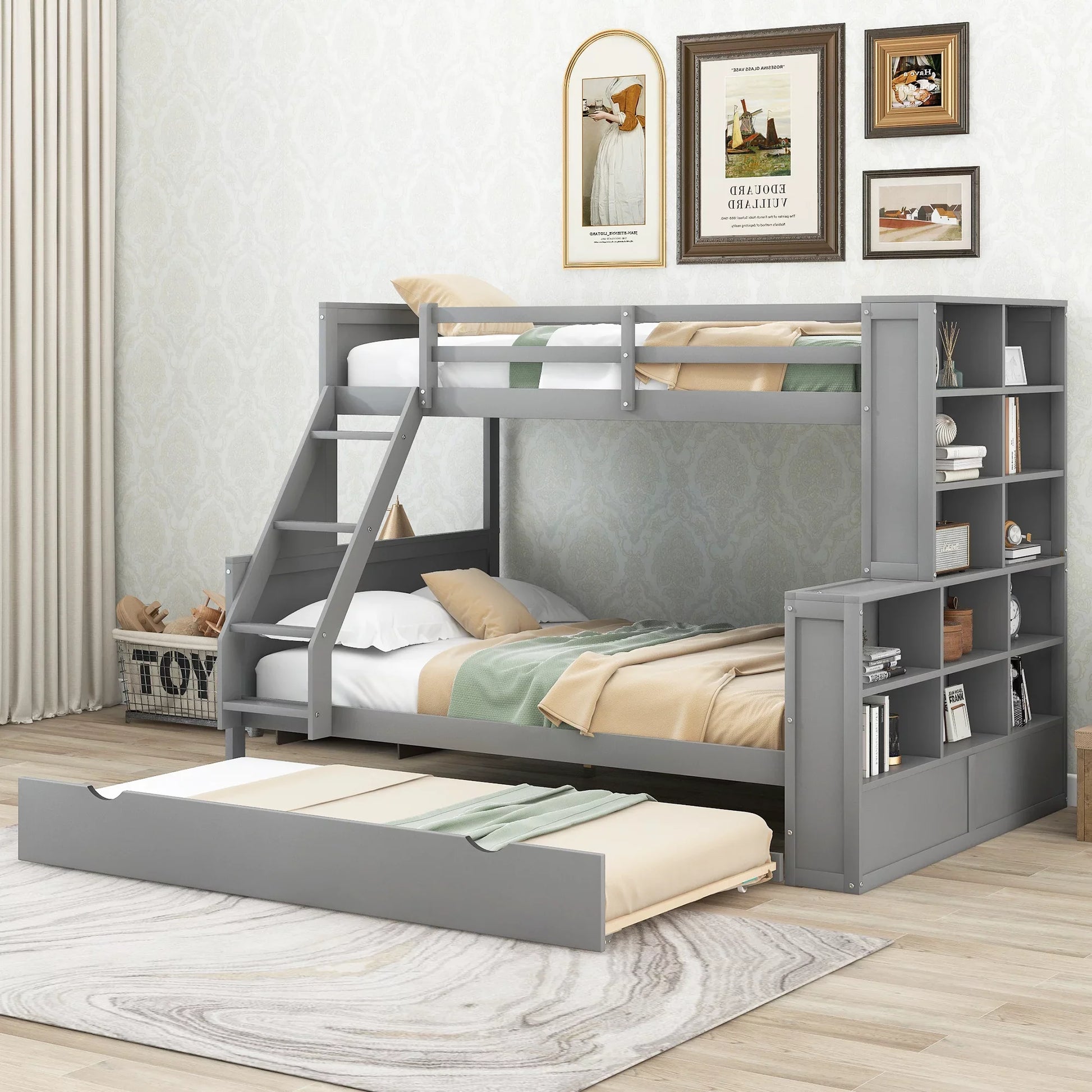 Pine Wood Twin over Full Bunk Bed with Trundle and Display Shelves for Kids Bedroom, Gray