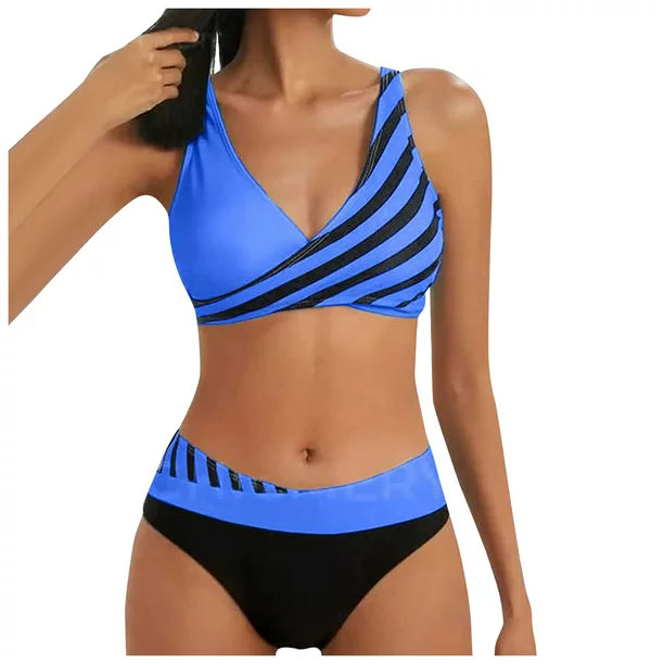MIARHB Women's Split Print Bikini Sexy Swimming Costume with Bra Pads and No Steel Bra, Blue, L