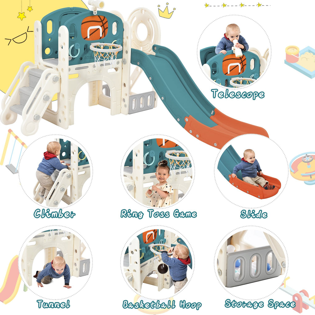 EUROCO Kids Slide Playset Structure, Freestanding Castle Climbing Crawling Playhouse with Slide, Arch Tunnel, Ring Toss, and Basketball Hoop, Toy Storage Organizer for Toddler