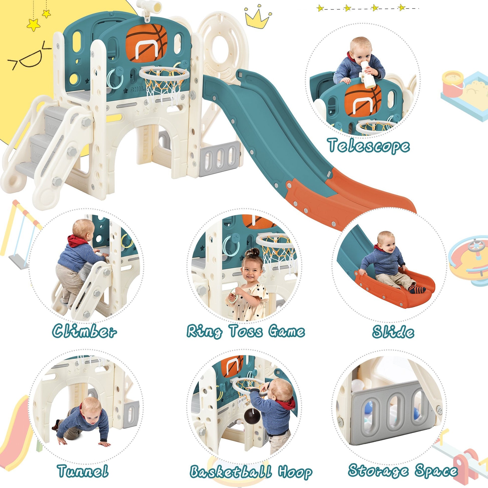 EUROCO Kids Slide Playset Structure, Freestanding Castle Climbing Crawling Playhouse with Slide, Arch Tunnel, Ring Toss, and Basketball Hoop, Toy Storage Organizer for Toddler