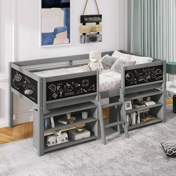 Euroco Kids Twin Size Low Loft Bed with Chalkboards for Bedroom, Gray
